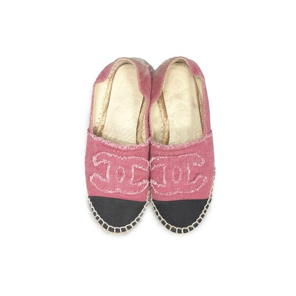 Authentic CHANEL CC Logo Linen Pink Black Espadrilles Flats Shoes 38 - Picture 3 of 5